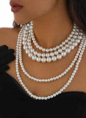 欧美复古仿珍珠串珠多层项链 夸张b大珠子长款项饰女