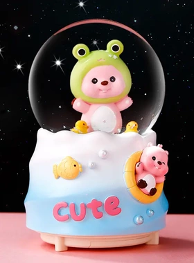 梦幻自动吹雪水晶球树脂摆件卡通小海狸八音盒少儿节日礼物礼品