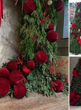 红丝绒球 圣诞树蝴蝶结节日装饰挂件打卡点店铺网红陈列造景布置