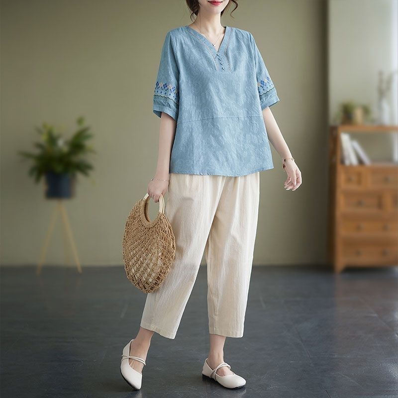 复古民族风中老年妈妈装夏款棉麻宽松中袖V领上衣阔腿裤两件套女,淘宝优惠券,粉丝福利购,淘宝优惠卷