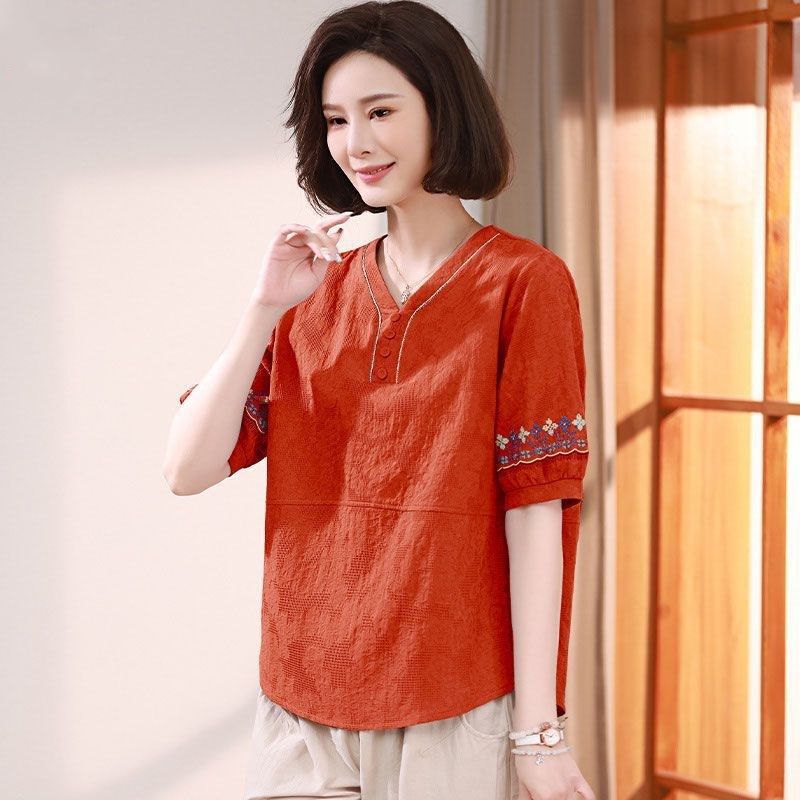 复古民族风中老年妈妈装夏款棉麻宽松中袖V领上衣阔腿裤两件套女,淘宝优惠券,粉丝福利购,淘宝优惠卷