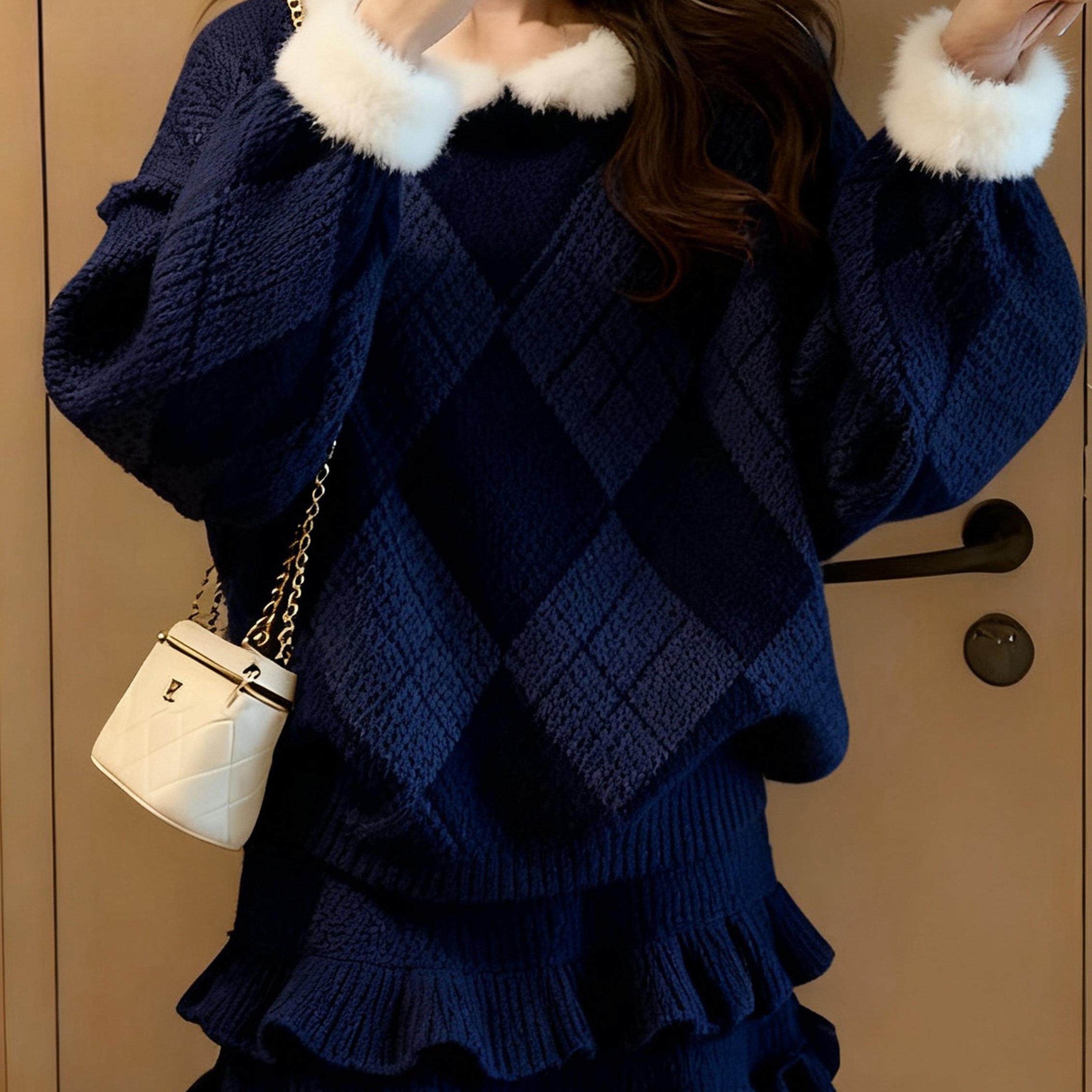 2026新款法式毛绒毛衣花边短裙秋冬针织套装女温柔风两件套,淘宝优惠券,粉丝福利购,淘宝优惠卷