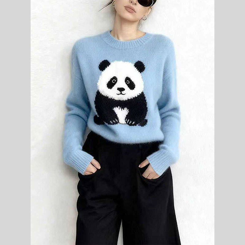 冬新款设计感卡通熊猫针织毛衣女蓝色长袖慵懒高级感内搭上衣2026,淘宝优惠券,粉丝福利购,淘宝优惠卷