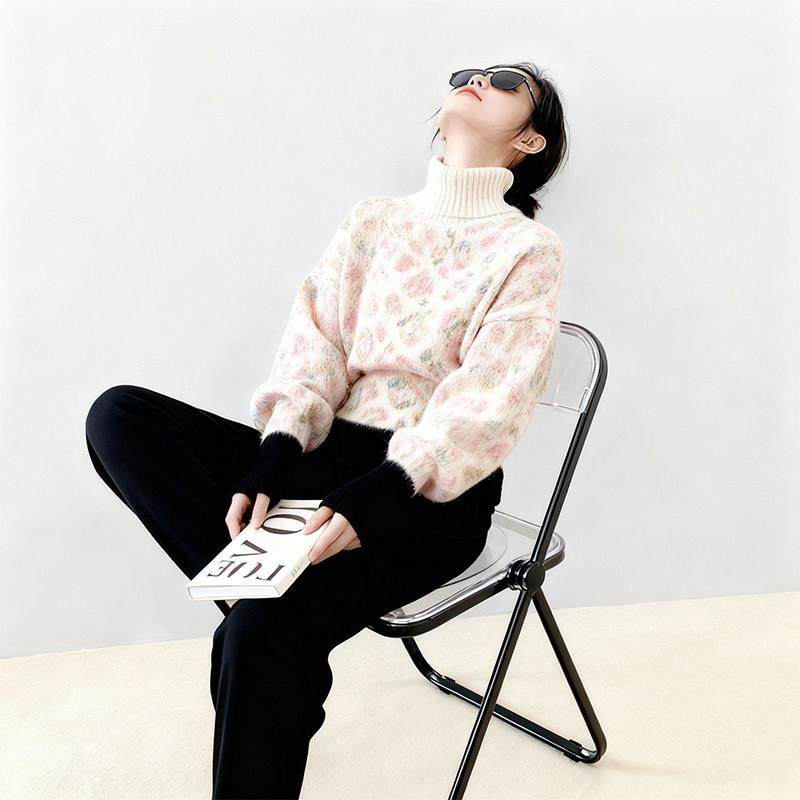 春秋新款复古豹纹风撞色高领毛衣女宽松慵懒高级感针织衫上衣2026,淘宝优惠券,粉丝福利购,淘宝优惠卷