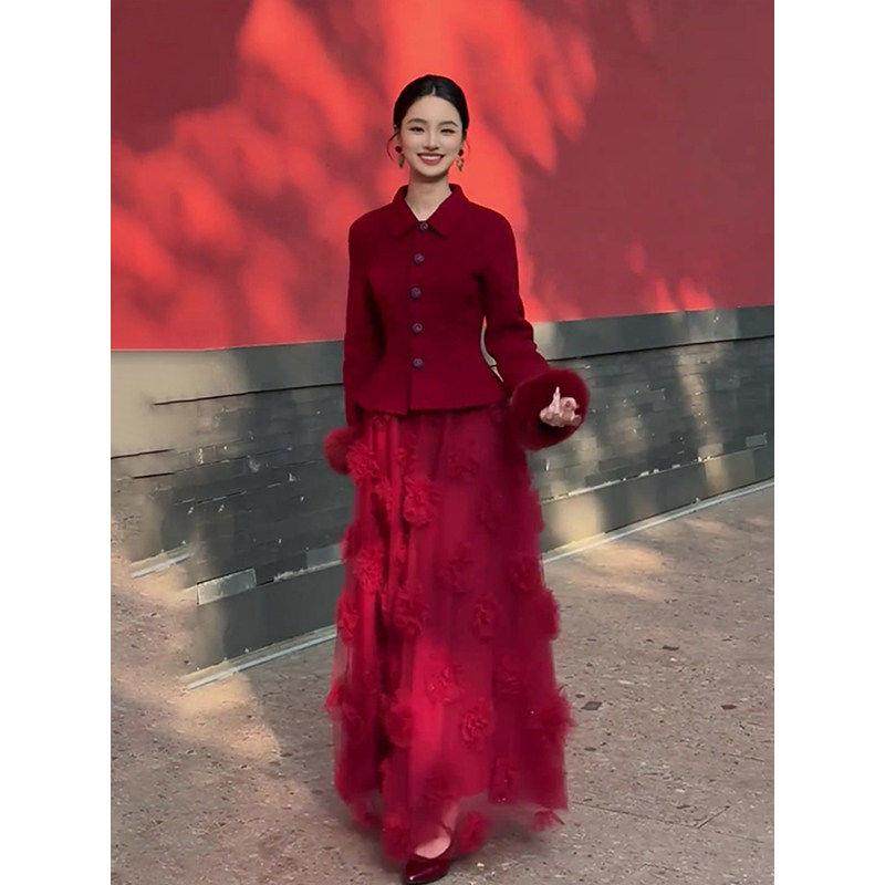 秋冬新款复古风红色翻领套装女收腰气质裙装多裙摆半身裙套装,淘宝优惠券,粉丝福利购,淘宝优惠卷