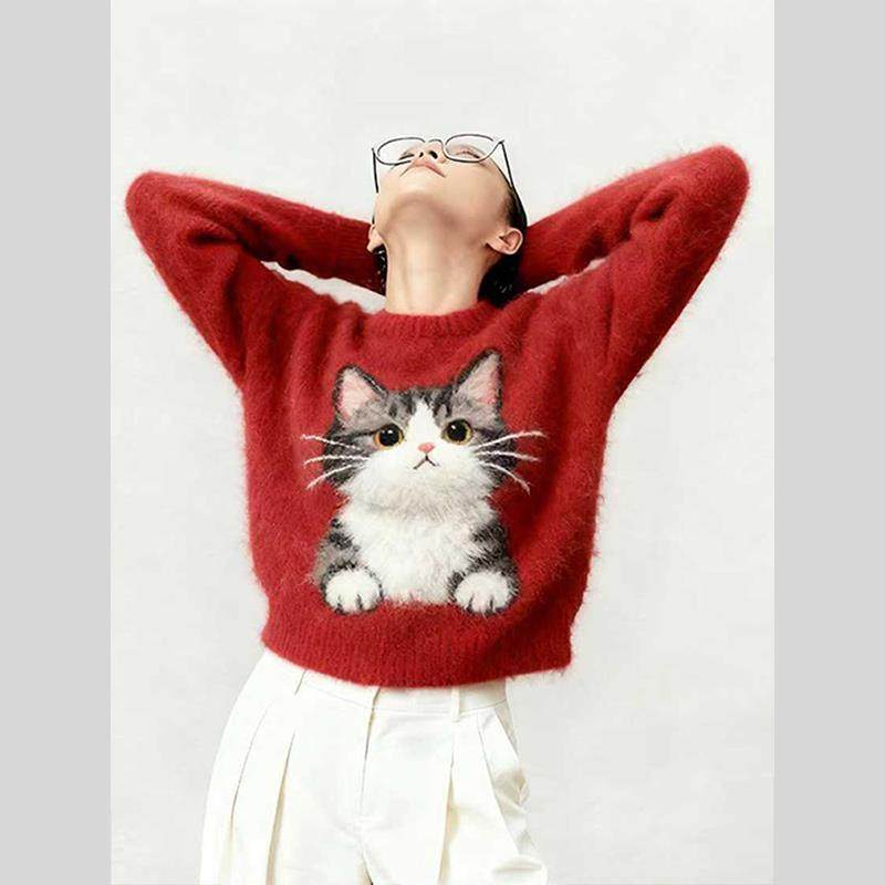 2025秋冬新款可爱猫咪卡通毛衣女红色长袖慵懒针织衫秋冬内搭上衣,淘宝优惠券,粉丝福利购,淘宝优惠卷