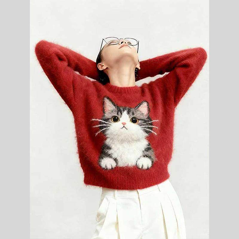2025秋冬新款可爱猫咪卡通毛衣女红色长袖慵懒针织衫秋冬内搭上衣,淘宝优惠券,粉丝福利购,淘宝优惠卷