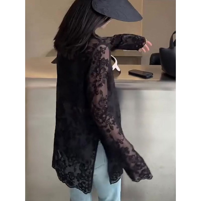 法式成熟风黑色蕾丝钩花防晒衫女时尚显瘦微透下摆开叉长袖2025夏,淘宝优惠券,粉丝福利购,淘宝优惠卷