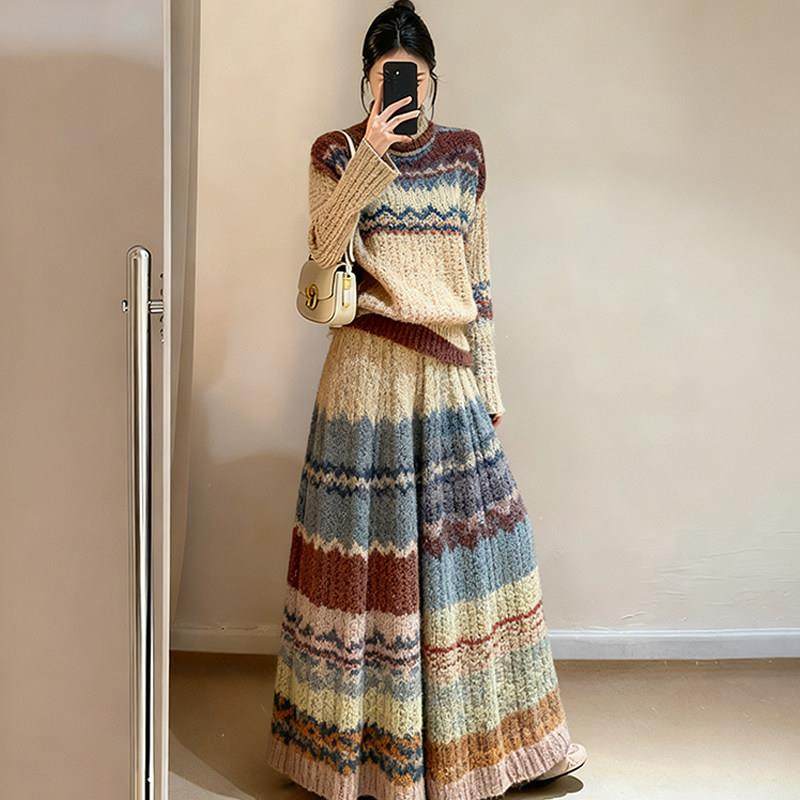2025秋冬复古彩虹系毛衣半身裙套装女冬季两件套大码女装显瘦减龄,淘宝优惠券,粉丝福利购,淘宝优惠卷