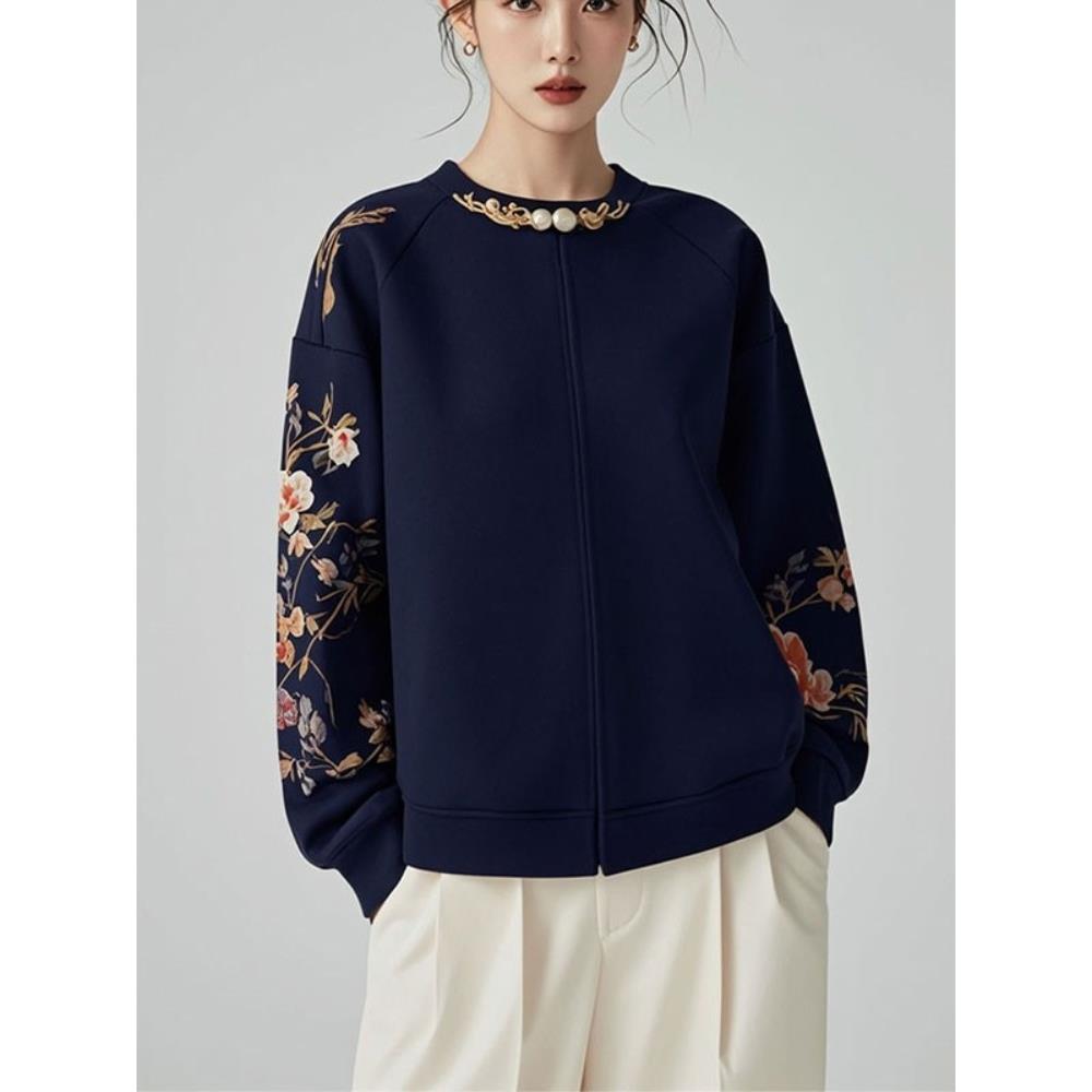 【现货】超好看独特上衣新中式国风藏蓝色卫衣外套女2025秋季新款 - 图2