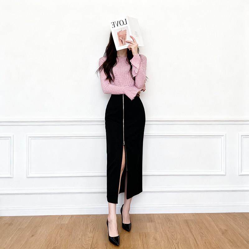 冬季少女感美学穿搭粉色喇叭袖上衣开叉半身裙气质两件套装2026年,淘宝优惠券,粉丝福利购,淘宝优惠卷