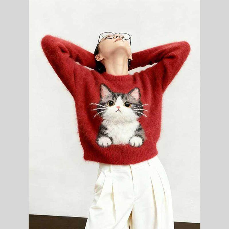 2025秋冬新款可爱猫咪卡通毛衣女红色长袖慵懒针织衫秋冬内搭上衣,淘宝优惠券,粉丝福利购,淘宝优惠卷