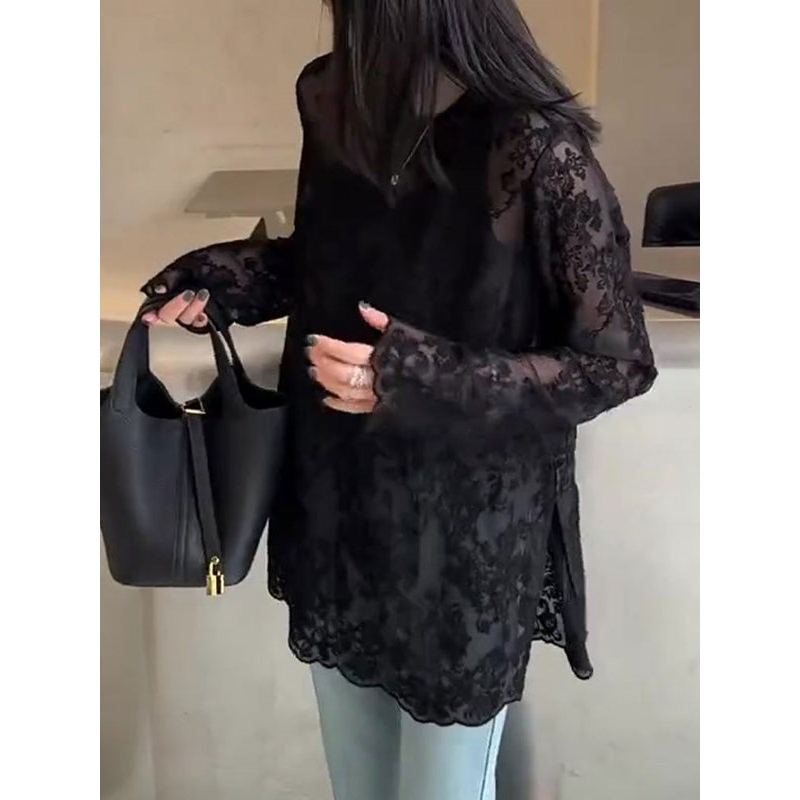 法式成熟风黑色蕾丝钩花防晒衫女时尚显瘦微透下摆开叉长袖2025夏,淘宝优惠券,粉丝福利购,淘宝优惠卷