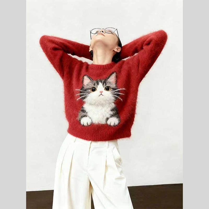 2025秋冬新款可爱猫咪卡通毛衣女红色长袖慵懒针织衫秋冬内搭上衣,淘宝优惠券,粉丝福利购,淘宝优惠卷