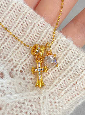 高保色沙金十字架爱心吊坠项