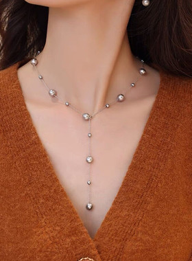 Ivy强光灰色珍珠项链多种戴法轻奢高级感感ｙ字简约锁骨链毛衣链