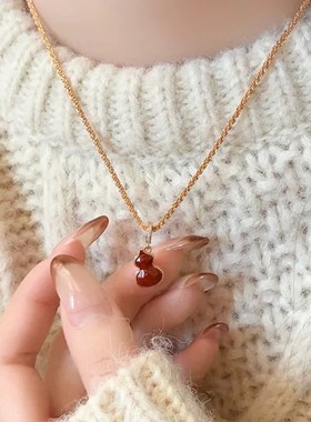 ivy双面红色葫芦贝母项链新中式扣吊坠毛衣链女轻奢感锁骨链