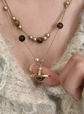 天然虎眼石珍珠双层叠戴项链女