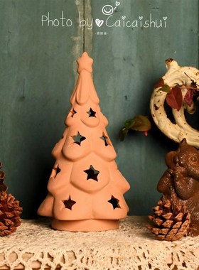 红陶圣诞树摆件生日礼物可爱卧室星星陶瓷小夜W灯透光氛围灯