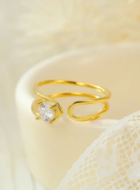 s925银欧美镂空双层锆石戒指女开口可调节小众简约时尚指环