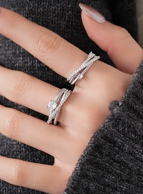 超闪三层交叉锆石方形情侣开口戒指精致时尚指环轻奢高级感手饰女
