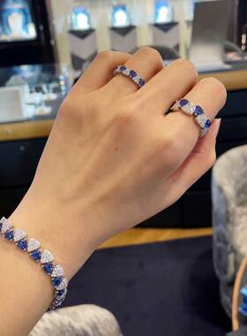 欧美纯银蓝白色三角戒指女