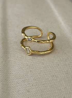 真金电镀几何锆石开口戒指韩系简约设计感食指戒百搭指环手饰