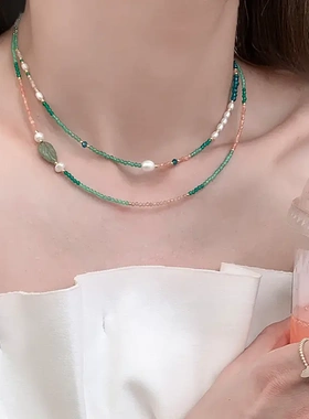 小清新绿色水晶淡水珍珠项链简约新款潮流锁骨链轻奢高级感项饰女