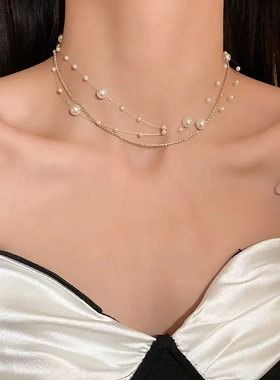 镶钻珍珠不规则叠加项链法式复古气质颈链温柔时尚项饰女