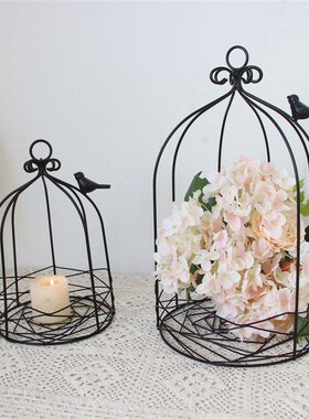 ins铁艺套二黑色鸟笼可挂小鸟铁笼烤漆花盆婚庆装饰可插花多肉花