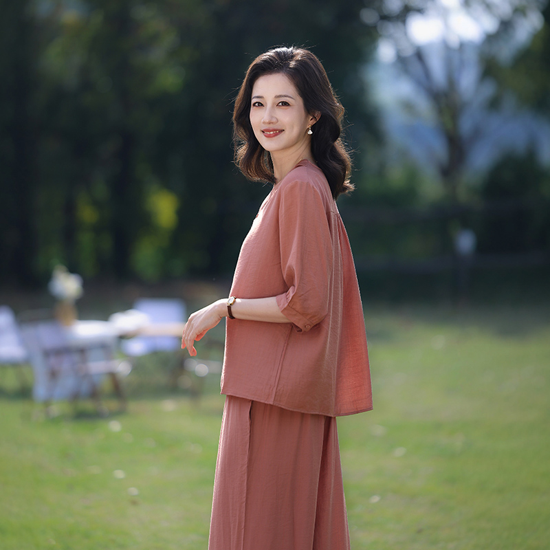 夏装新款时尚妈妈装大码上衣阔腿裤两件套中老年女装宽松休闲套装