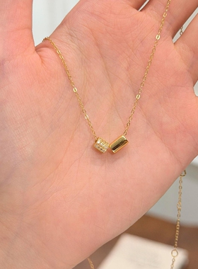 S925纯银金色圆柱水钻项链女