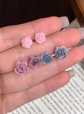 S925纯银复古紫色玫瑰花耳钉女