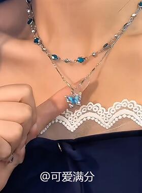 S925纯银蓝色蝴蝶锆石项链女