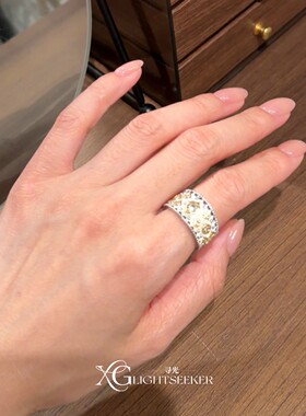 S925纯银复古拉丝点钻宽版戒指女