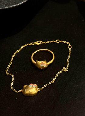 S925纯银金色HelloKitty戒指女