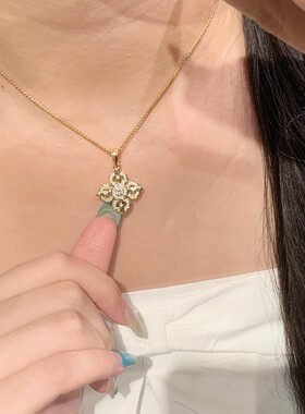 S925纯银金色镶钻十字金项链女