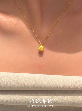 S925纯银金色拉丝方块吊坠项链女