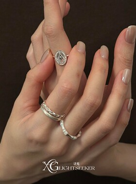 S925纯银色超闪拉丝竹结戒指女
