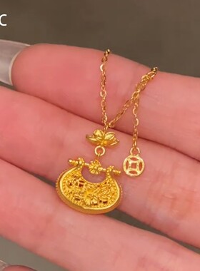 s925纯银金色小锁包钱币项链女