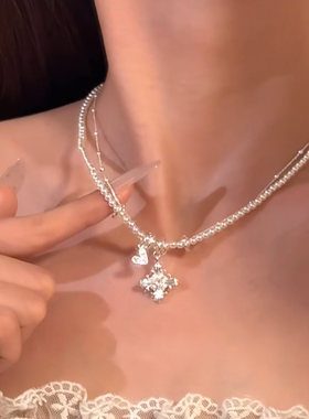 鸢尾花吊坠双层叠戴珍珠项链女