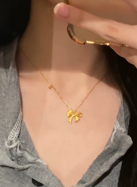 S925纯银金色拉丝蝴蝶结项链女