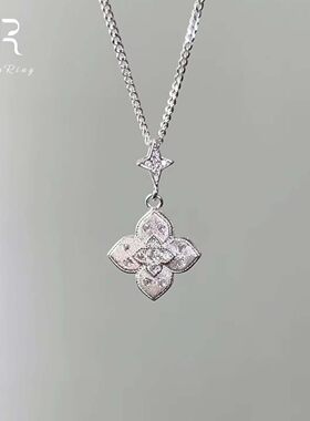 S925纯银色中古拉丝四叶花项链女