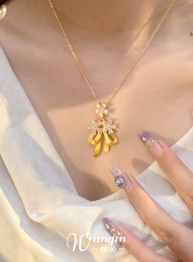 S925纯银金色蝴蝶结花朵项链女