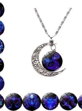 星座月亮时光宝石项链欧美热卖ebay速卖通梦幻夜光吊坠玻璃