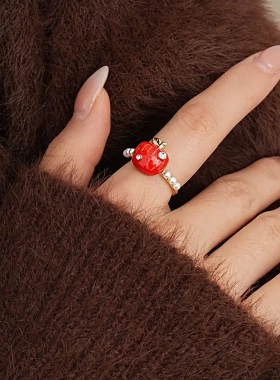 红色滴油珍珠款开口戒指小众设计感食指戒童趣可爱高级感手饰