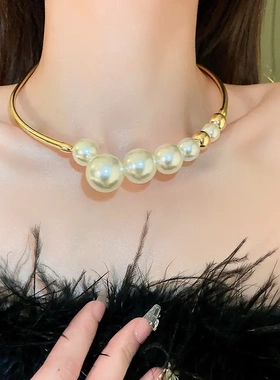 法式巴珍珠几何项链时尚个性项圈网红新款潮流项饰