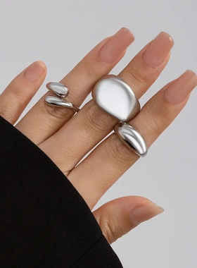 欧美设计感熔岩金属光面开口戒指ring女小众质感几何弧形指环