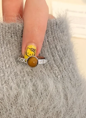 复古美拉德虎眼石开口戒不对称麻花微镶锆石食指戒轻奢小众戒指女