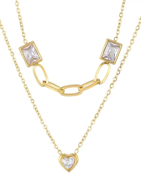 欧美ins个性轻奢双层叠戴锆石方块设计感百搭爱心项链